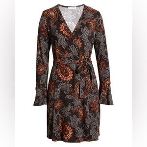 Loveappella Black Boho Paisley Long Sleeve Faux Wrap Dress Women’s Size Large